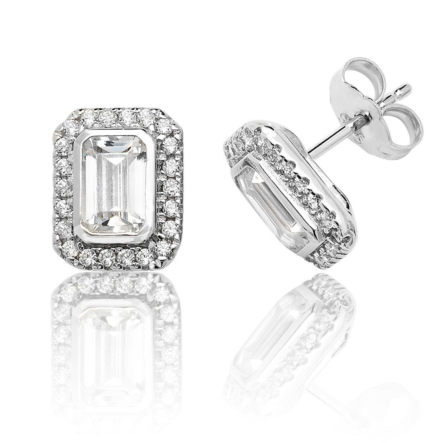 Emerald Cut Halo Stud Earrings